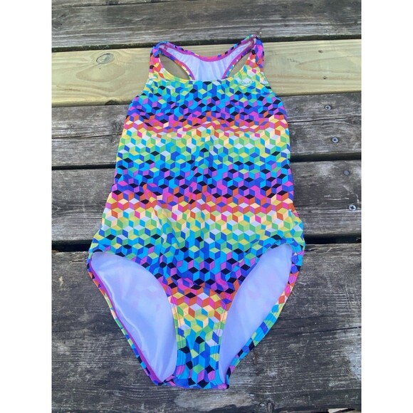 Speedo One Piece Swimsuit Girls Sz 16 Racerback Rainbow Geometric Lined Beach - Picture 1 of 12